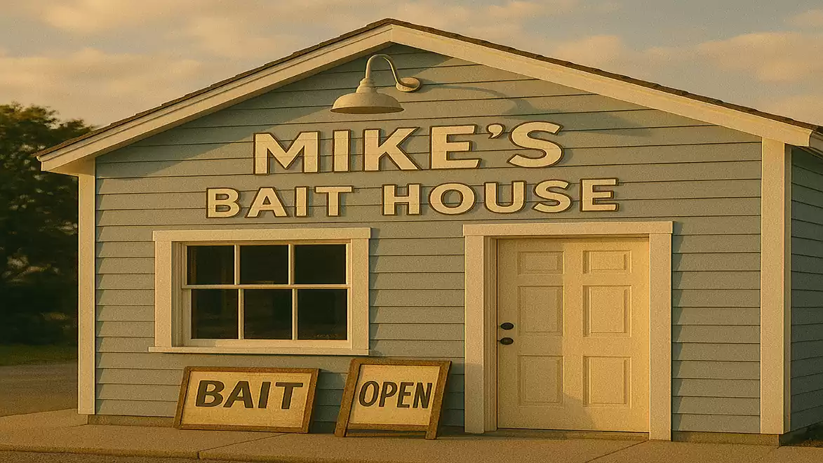 Blue building with the sign 'Mike's Bait House', signs 'BAIT' and 'OPEN' displayed outside.