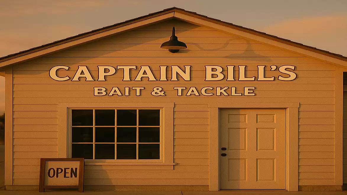 Exterior view of a building with the sign 'Captain Bill's Bait & Tackle' and an 'Open' sign.