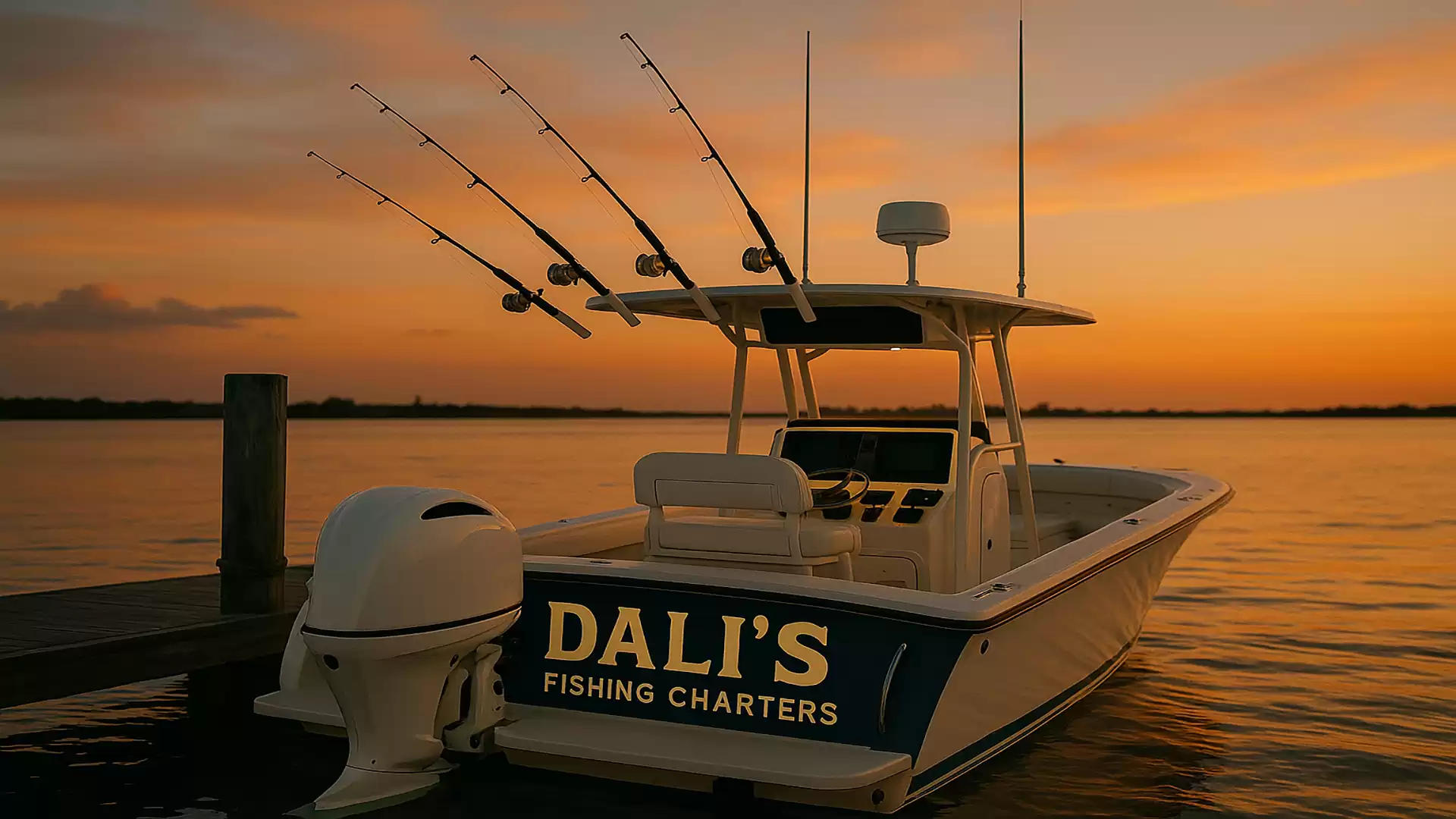 A fishing boat named 'Dali's Fishing Charters' is docked at a pier during sunset. Three fishing rods are mounted on the boat as the sky glows orange.