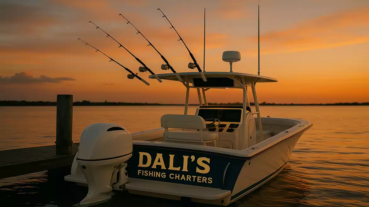 A fishing boat named 'Dali's Fishing Charters' is docked at a pier during sunset. Three fishing rods are mounted on the boat as the sky glows orange.