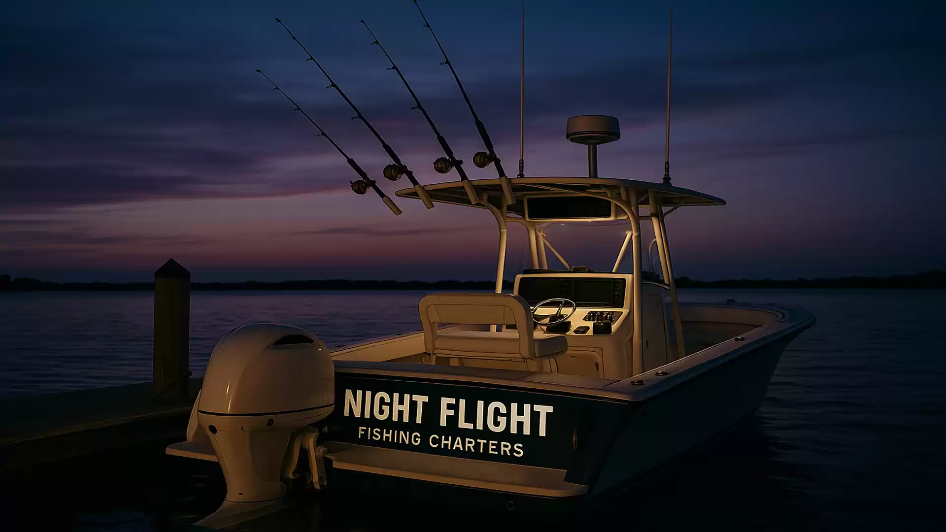 Fishing boat named 'Night Flight' on the water at sunset, ready for a night trip.