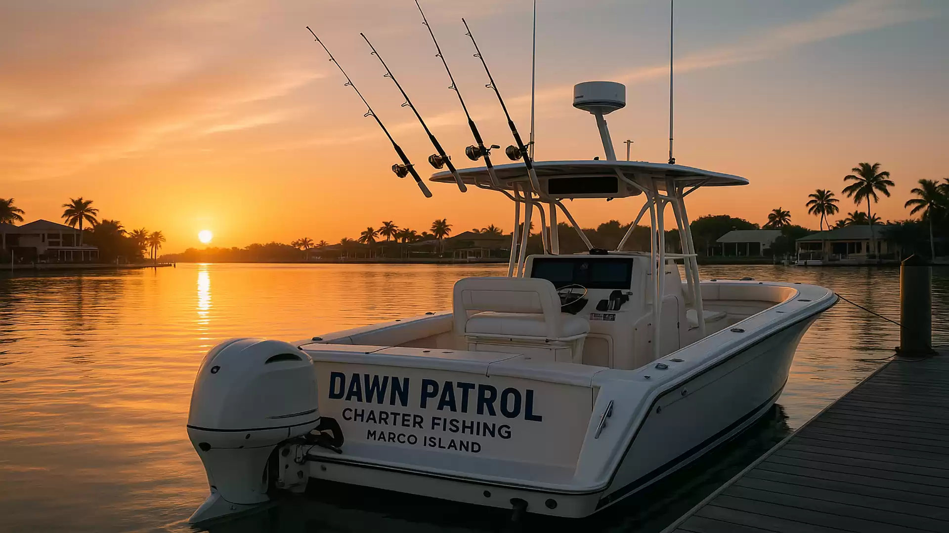 A charter fishing boat named 'Dawn Patrol' sits in the water at sunset, surrounded by palm trees on Marco Island.