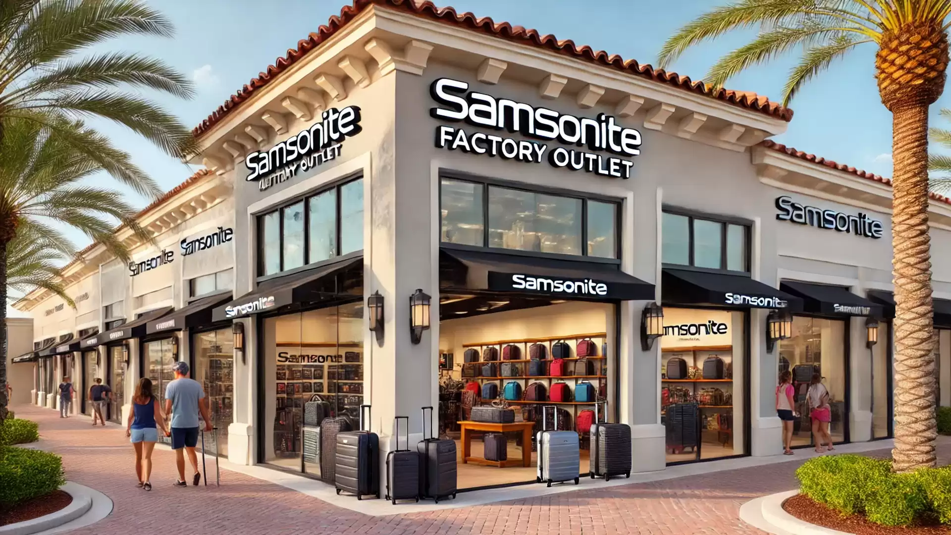 Exterior view of a Samsonite Factory Outlet with palm trees and people visiting shops along a sunny street.