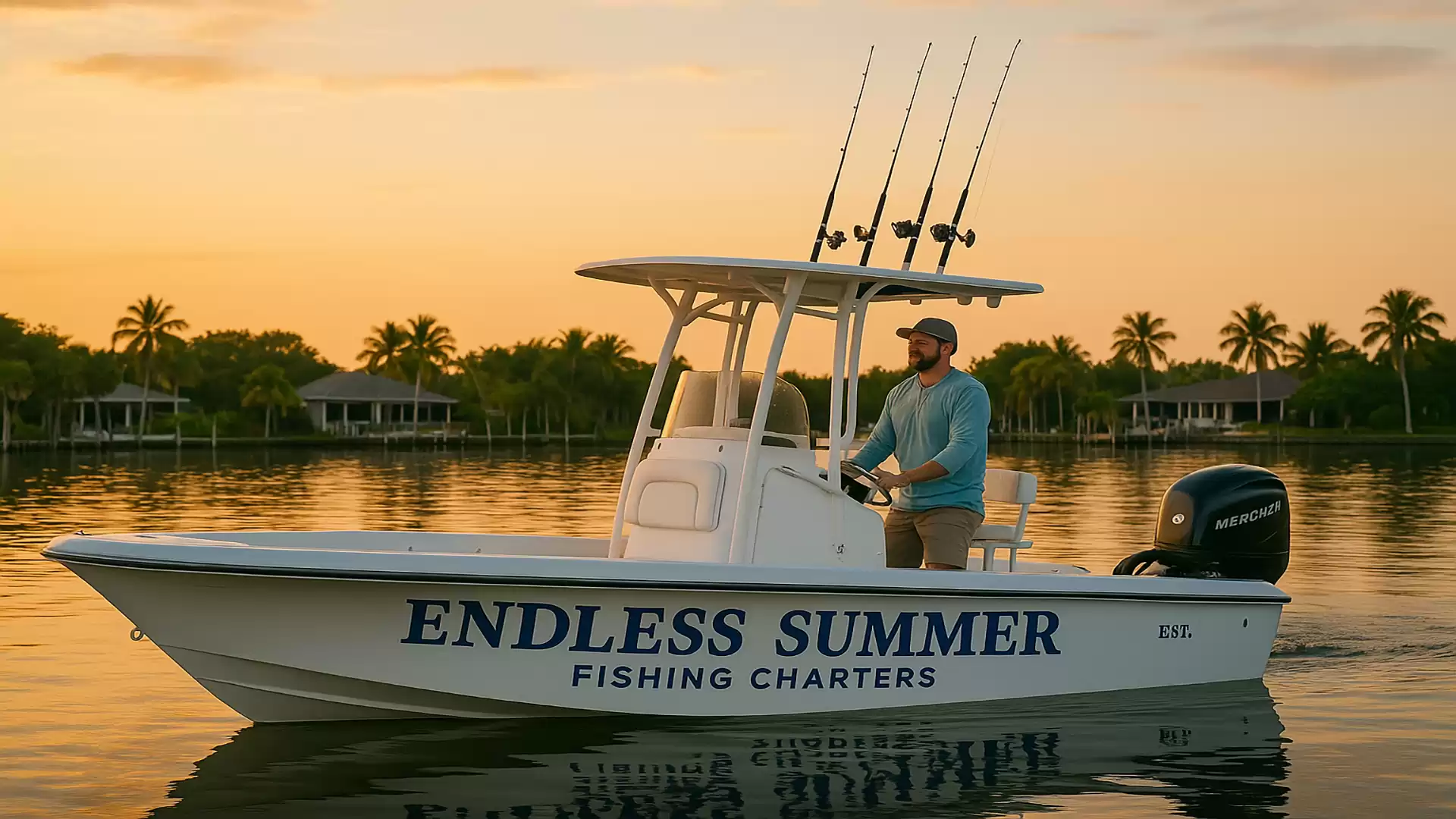 A man navigates a fishing boat labeled 'Endless Summer Fishing Charters' at sunset on calm waters. Palm trees and coastal houses are visible in the background.