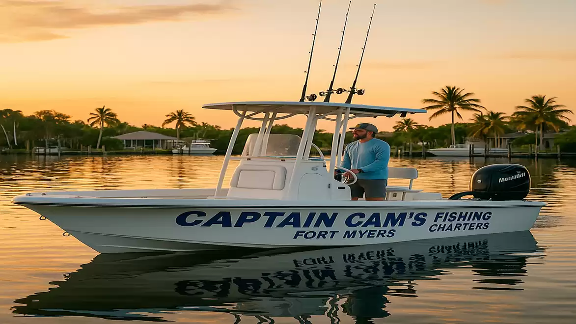 An angler on a boat at sunset with the words 'Captain Cam's Fishing Charters' in Fort Myers. Palm trees are visible in the background.