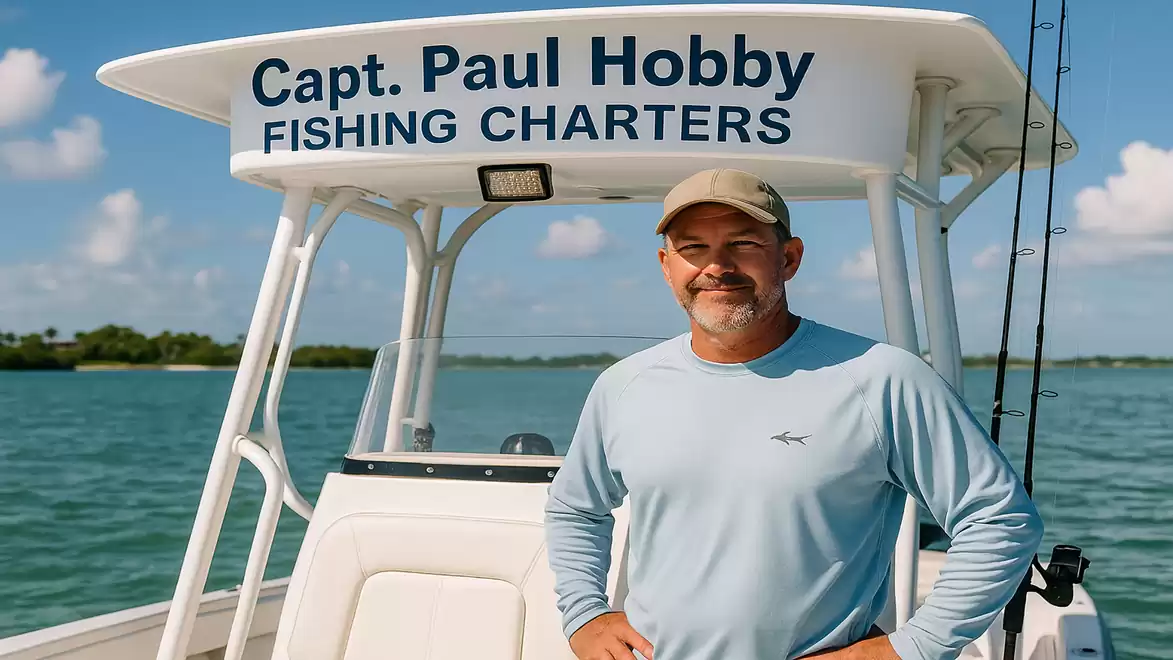 A man stands on a boat with the sign 'Capt. Paul Hobby Fishing Charters' on the roof. He is wearing a light blue long-sleeved shirt and a beige cap. A body of water is visible in the background.