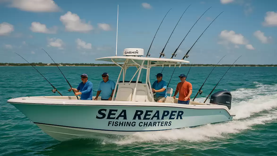 Motorboat with four people deep-sea fishing, cruising over blue waters, with the inscription 'Sea Reaper Fishing Charters'.