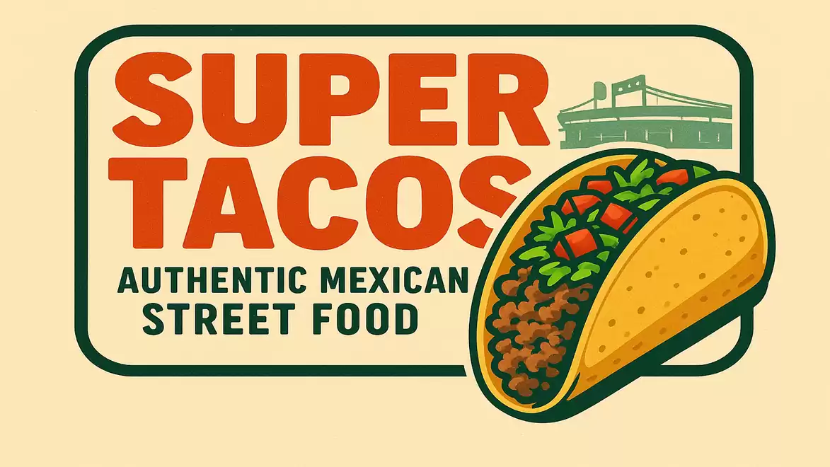 Super Tacos logo with a filled taco, authentic Mexican street food.