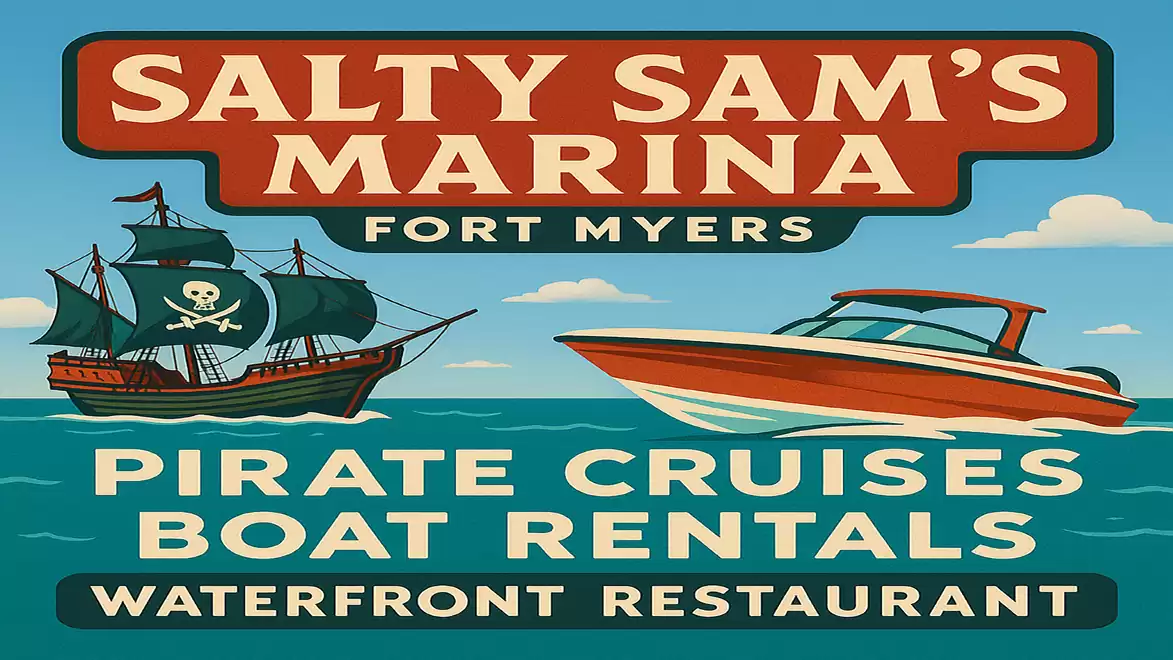 Advertisement sign for Salty Sam's Marina in Fort Myers with pirate ship and boat.