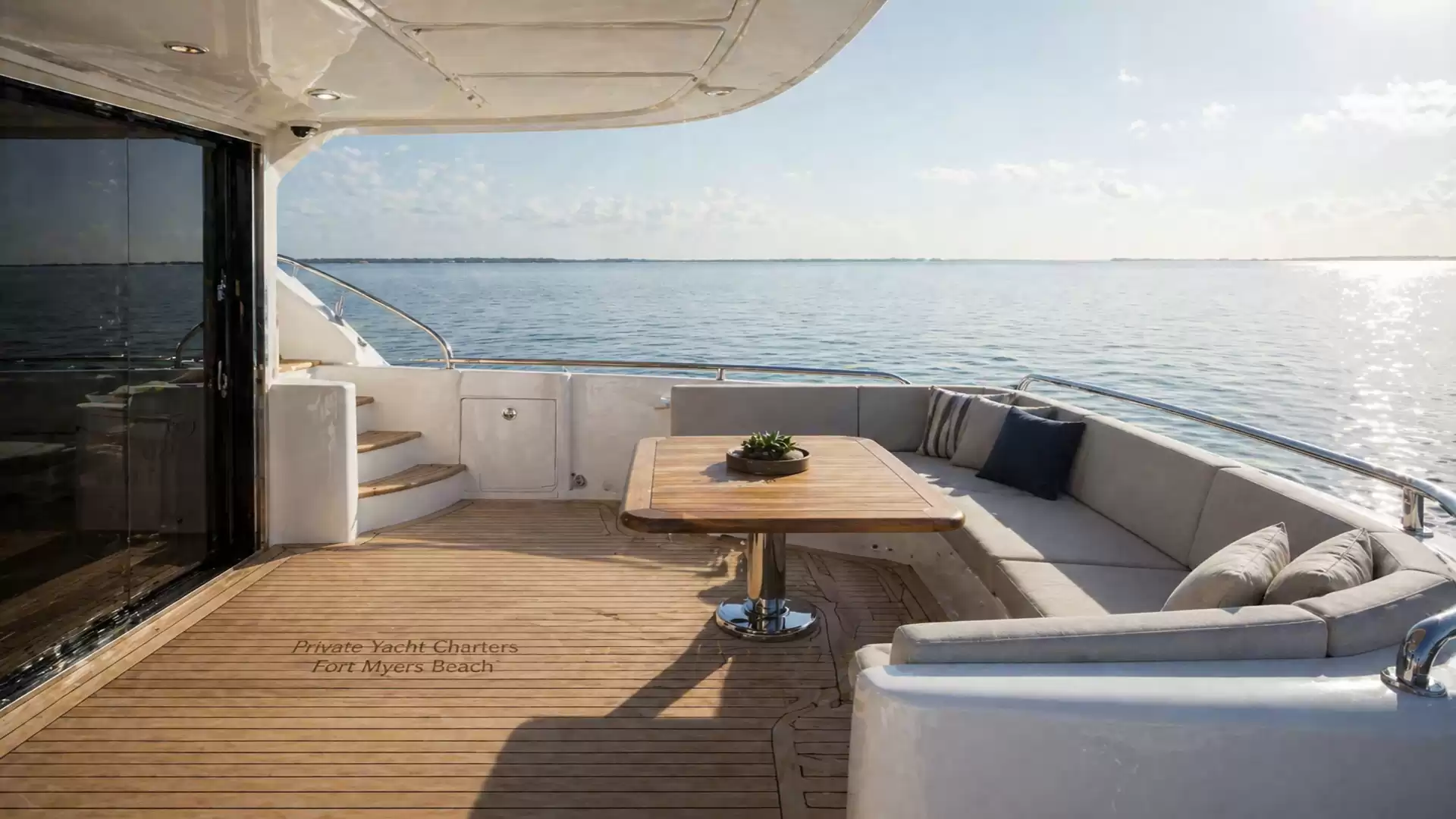 Luxurious yacht deck with a view of the calm ocean, stylish sun loungers and table in the foreground.