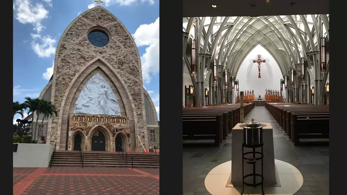 Image of a church exterior with a large arched window and interior view featuring a modern altar and gothic vaults.
