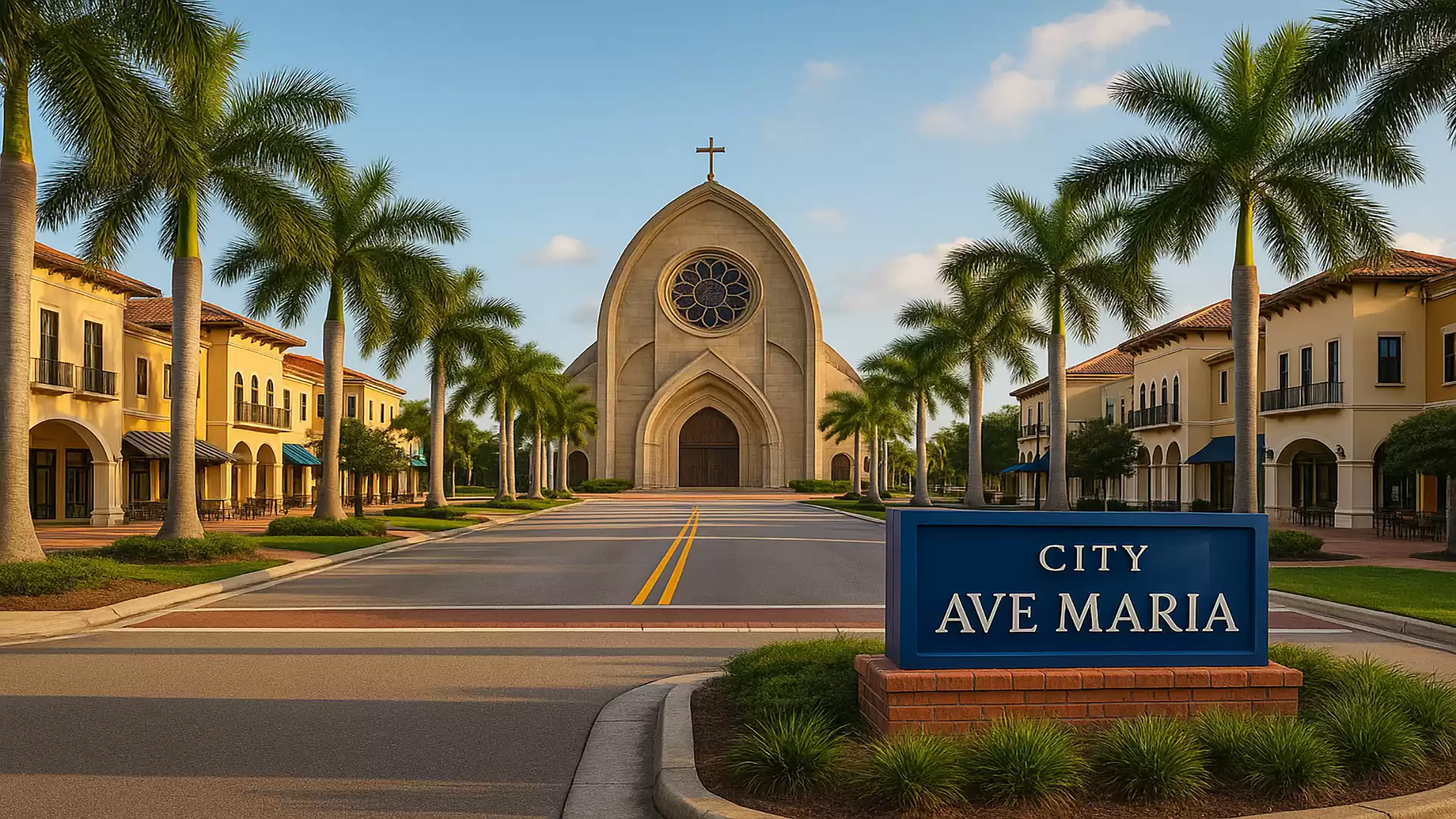 City view of Ave Maria with church and palm trees along a central street.