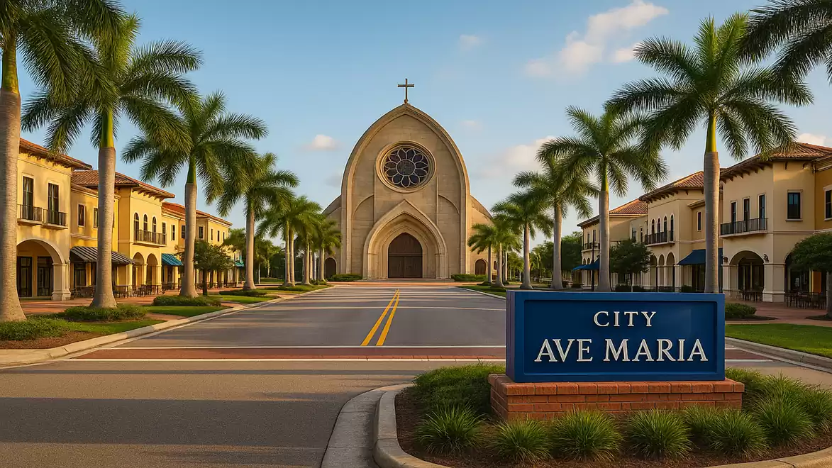 City view of Ave Maria with church and palm trees along a central street.