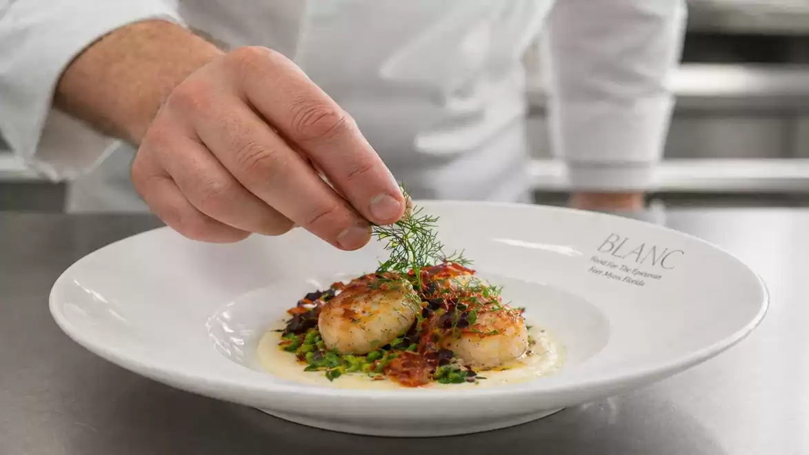Close-up of a chef plating a gourmet dish with scallops and herbs on an elegant plate.