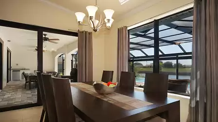 The dining room overlooks the pool area