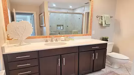 Great color combination in the third bathroom with walk-in shower