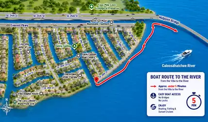 Illustrated canal map showing marked boat route from residential canals to Caloosahatchee River