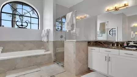 Bathroom with bathtub, glass shower, double vanity and arched window with plant decor