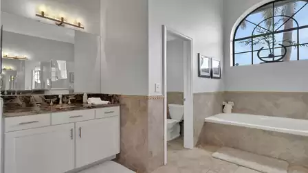 Bathroom with granite vanity, large mirror, bathtub, and separate toilet alcove