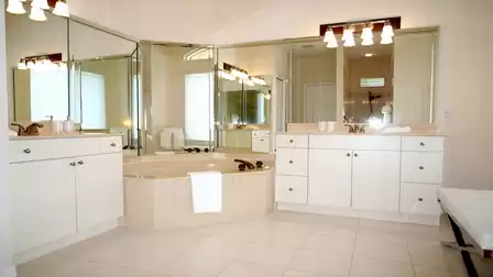 The adjacent bathroom is very spacious