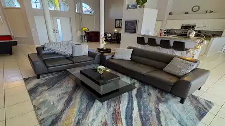 The spacious living room features modern leather sofas