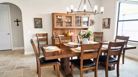 The dining room overlooks the front yard