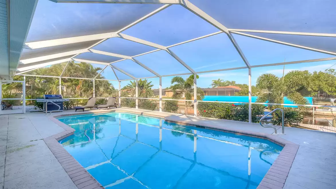 The large pool has an electric heat pump