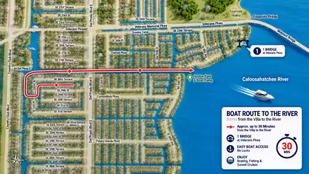 Map showing boat route from villa through canals to Caloosahatchee River