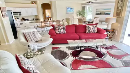 Vibrant red and white color combination in the living area 