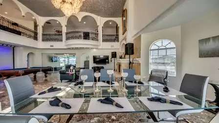 The extravagant dining table can seat 8 people