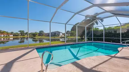 Beautiful pool with view of thel lake