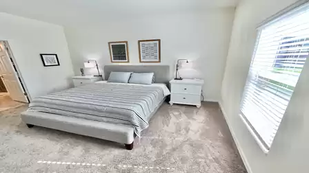 Modern bedroom with a large bed.