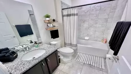 Luxurious bathroom with a modern shower and granite vanity.