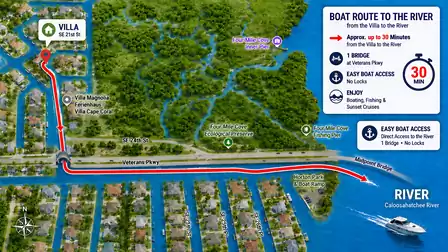 Illustrated map showing rental boat route from villa canals to Caloosahatchee River