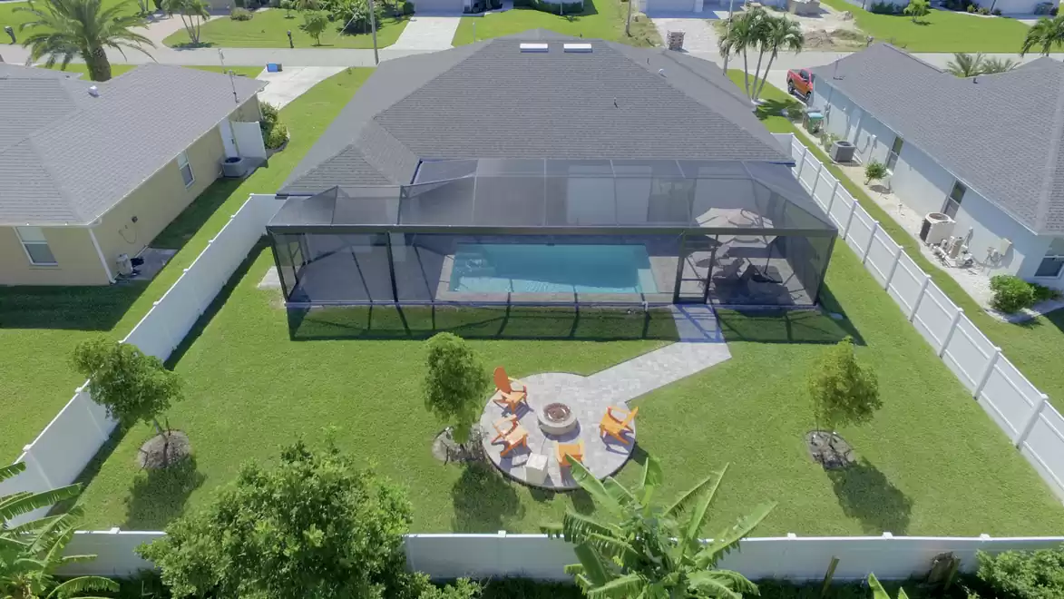 View from above of the back of the house and the garden