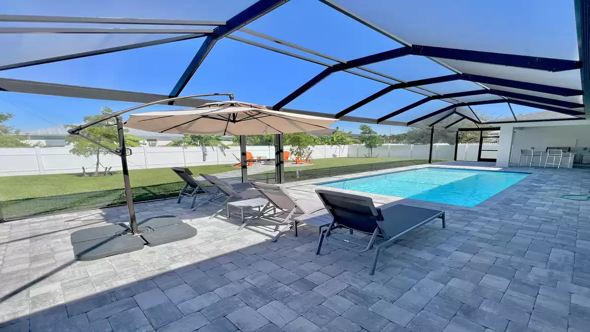 A large parasol provides shade if required