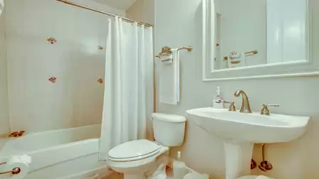 Modern bathroom with a bathtub, shower curtain, and elegant ceramic fixtures.
