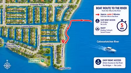 Illustrated Cape Coral canal map with marked boat route to Caloosahatchee River