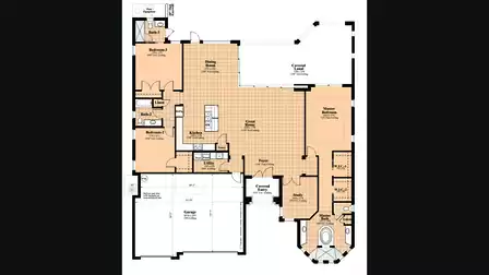Floor Plan Villa Elvenar - Floor plan of a spacious vacation home with an open living area, pool section, and multiple bedrooms.