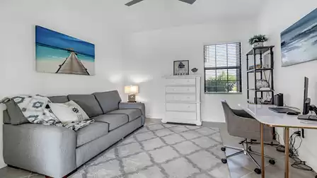 The room is functional and stylishly furnished