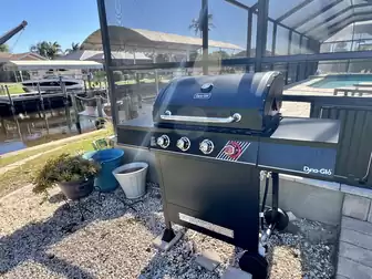 Steak and vegetables casually from the gas grill with a view of the canal