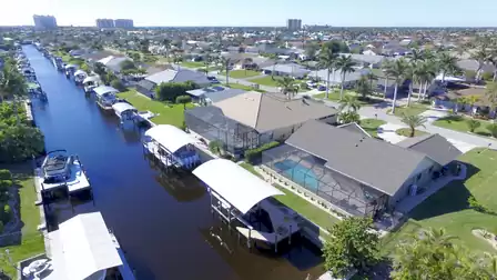 Bird's eye view of Villa Calypso Sun with boat dock and elevator