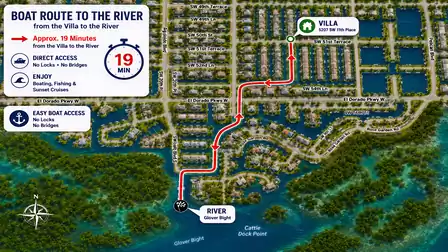 Illustrated canal map showing boat route from villa on SW 11th Place to river