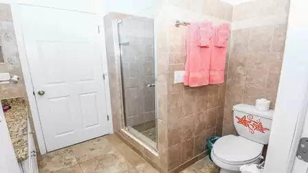 Bathroom washbasin, shower and WC