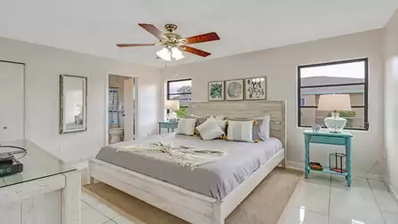 The centerpiece of this inviting room is an oversized double bed