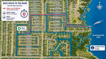 Illustrated map showing boat route from SE 16th Street canals to Caloosahatchee River