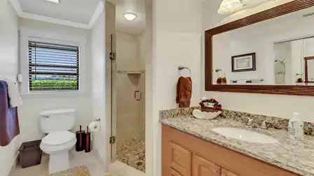 Modern bathroom featuring a spacious walk-in shower, granite vanity top, and elegant framed mirror.