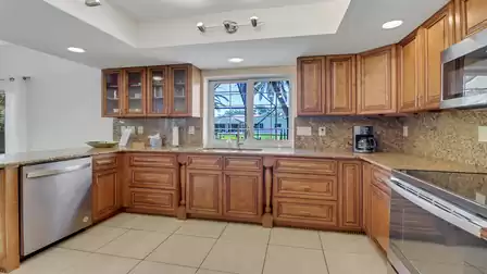 Close-up of the high-end kitchen with wooden cabinets, granite countertops, and a large window overlooking the garden.