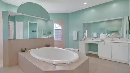 Spacious master bathroom with ample natural light, elegant bathtub, and large mirror wall above the double vanity.