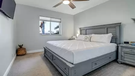 Bright bedroom with king-size bed and palm view from the window